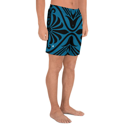 Recycelte Sport-Shorts für Herren N°2 in Blau mit schwarzem Muster, ideal für Fitness, Laufen oder Schwimmen. Komfortabler Vier-Wege-Stretch.