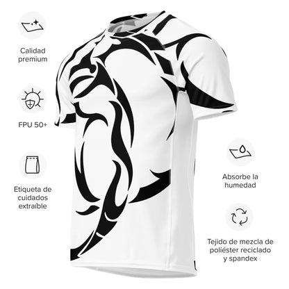 Herren-Rashguard with bold print, moisture-wicking stretch fabric, ideal for workouts, beach days, and cycling. Eco-friendly material.