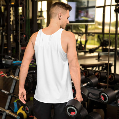Man wearing Unisex Tank-Top N°9 in gym lifting dumbbells, showcasing its relaxed fit and soft material.