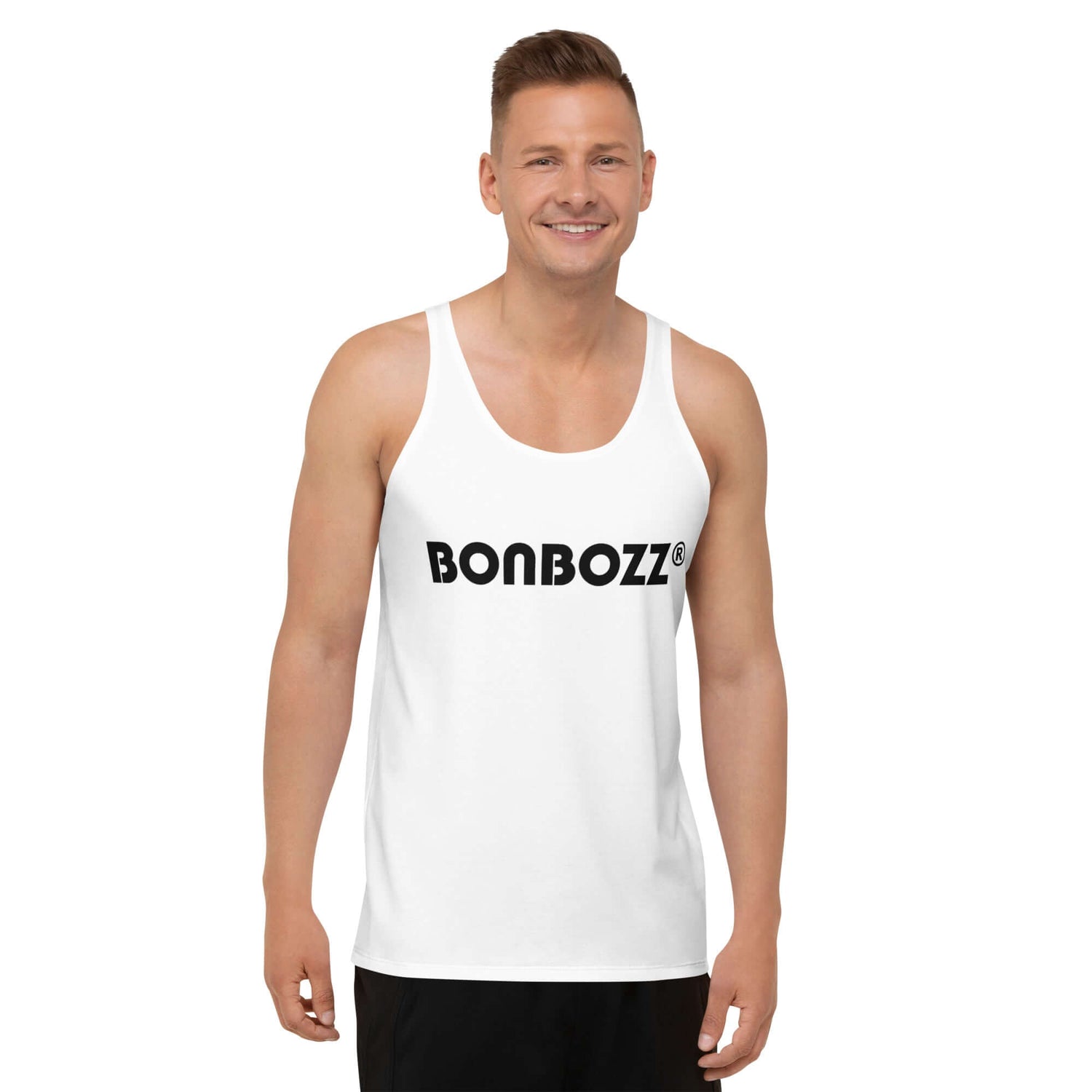 Model wearing a white Unisex Tank-Top N°9 with Bonbozz logo, showcasing vibrant colors and comfortable fit.