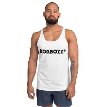 Unisex Tank-Top N°9 displayed with bold logo design, showcased by a person in stylish casual wear, highlighting vibrant colors and soft material.