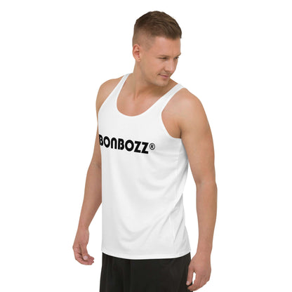 Model wearing Unisex Tank-Top N°9 in white with brand logo, showcasing relaxed fit and soft material.
