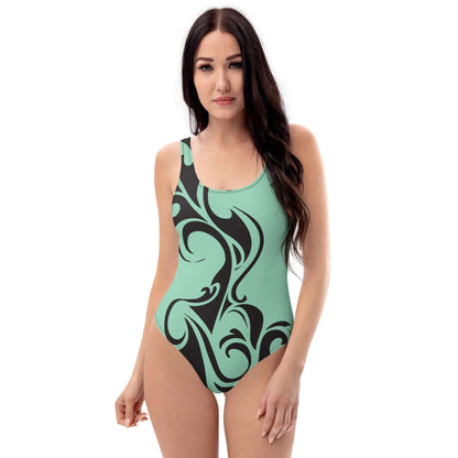 Frau trägt Einteiliger Badeanzug N°22 mit elegantem Muster, für optimalen Komfort und stilvolles Design, ideal für Strand und Pool.