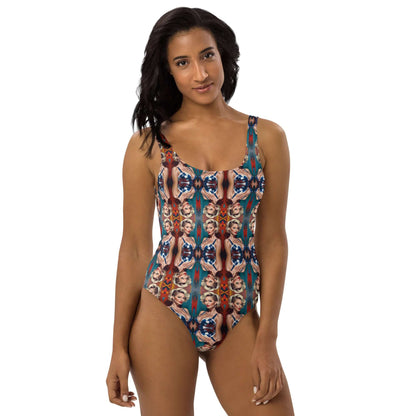 Einteiliger Badeanzug N°23 mit einzigartigem Design, ideal für Strand und Pool, zeigt schmeichelhafte Passform auf weiblicher Figur.