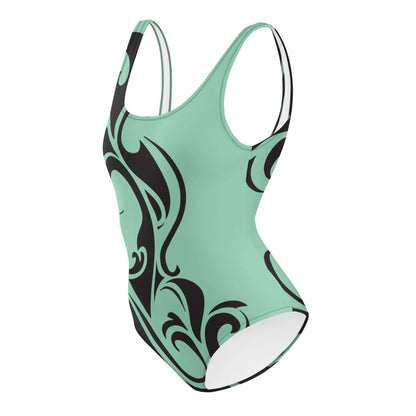 Einteiliger Badeanzug N°22 in Türkis mit schwarzem Muster, chlorbeständiges Design, ideal für Pool oder Strand