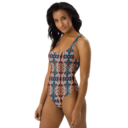 Model wearing Einteiliger Badeanzug N°23 with colorful pattern, flattering fit, and smooth fabric, ideal for beach or poolside.