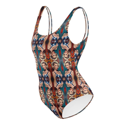 Einteiliger Badeanzug N°23 mit auffälligem Design für alle Figuren, ideal für Meer und Pool, aus chlorbeständigem Stoff.