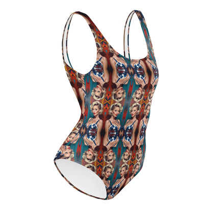 Einteiliger Badeanzug N°23, farbenfrohes und strapazierfähiges Design, ideal für Meer und Pool. Hochwertiges, chlorbeständiges Material.