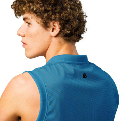 Model wearing premium basketball jersey in blue mesh fabric for unisex. Ideal for sport or streetwear.