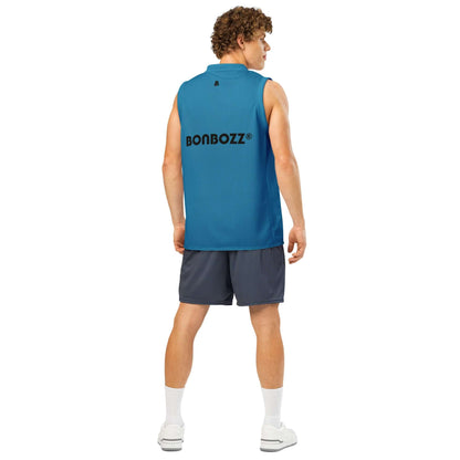 Back view of unisex premium basketball jersey in blue with brand logo, designed for durability and style.