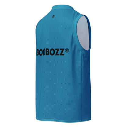 Premium basketball jersey back view, blue color, featuring mesh fabric and ribbing