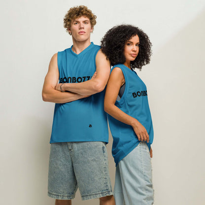 Models wearing premium basketball jersey with heavy ribbing, unisex fit, and streetwear style, perfect for intense play.