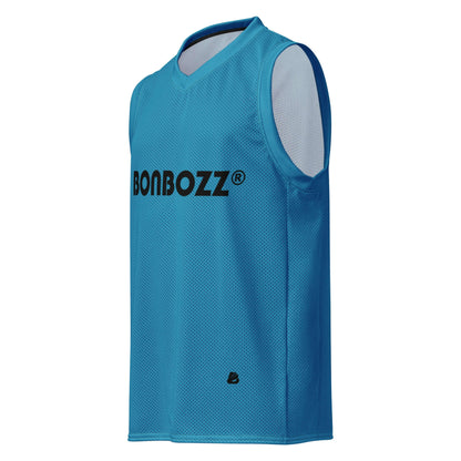 Blue premium basketball jersey with mesh fabric and ribbed collar, ideal for team play and streetwear.