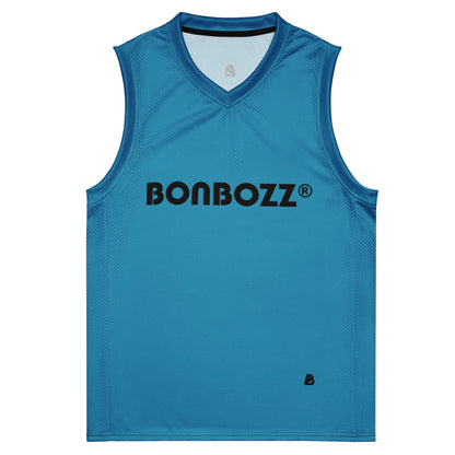 Premium basketball jersey with Bonbozz logo, blue mesh fabric, unisex fit, perfect for sports and casual wear.