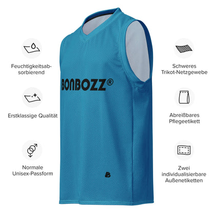 Premium basketball jersey in blue with logo, unisex fit, top-quality mesh, heavy ribbing, and moisture-wicking fabric.