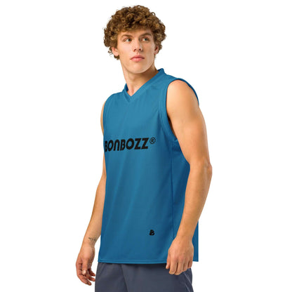 Person wearing a blue premium basketball jersey with bold lettering on the front.