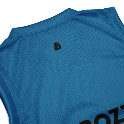 Close-up of blue mesh premium basketball jersey with collar ribbing, perfect for team sports and streetwear.