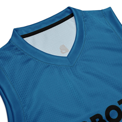 Premium basketball jersey with ribbed collar and armholes in blue mesh fabric, suitable for game and streetwear.
