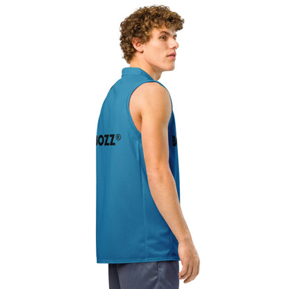 Male model wearing blue premium basketball jersey, side view, highlighting top-quality mesh and ribbing, suitable for court and streetwear.