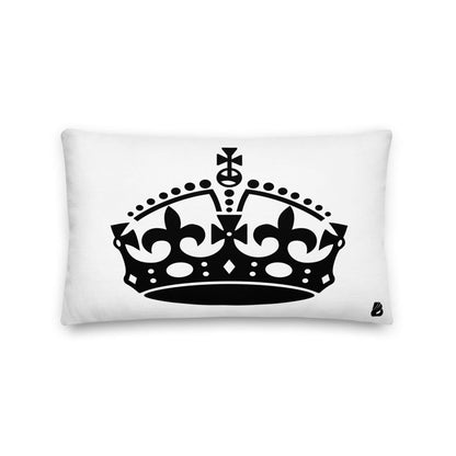 Premium-Kissen N°3 with black crown design on white background, luxurious home decor, formstable insert, polyester cover, linen feel