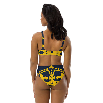 Recycelter Allover High Waist Bikini N°1 in a yellow and blue pattern, shown from the back, emphasizing eco-friendly fabric and comfort.