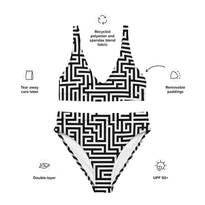 Recycelter Allover High Waist Bikini N°2 with geometric pattern, removable pads, UPF 50+, and eco-friendly recycled polyester blend.