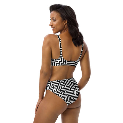 Model wearing Recycelter Allover High Waist Bikini N°2 with geometric design, showcasing back view. Eco-friendly swimwear for pool or beach.