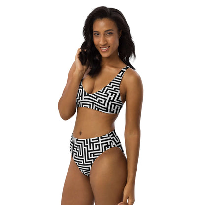Model wearing Recycelter Allover High Waist Bikini N°2 with geometric pattern, made from recycled polyester, featuring high waist design.