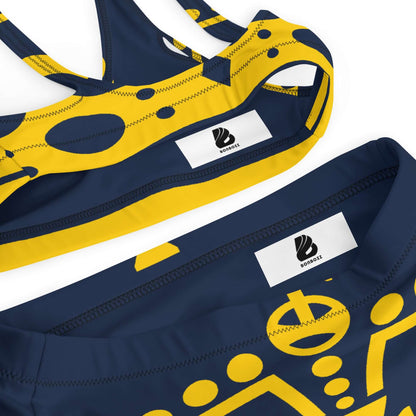 Recycelter Allover High Waist Bikini N°1 with geometric patterns in navy and yellow fabric details