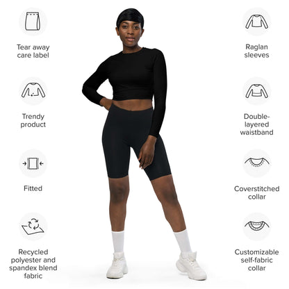 Model wearing Recyceltes Langarm Crop Top mit Allover-Druck N°3, featuring recycled polyester blend, tear-away label, and double-layered waistband.