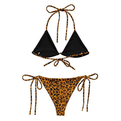 Recycelter Schnürbikini mit Allover-Druck in Leopardenmuster und schwarzem Design, weiches Material, gepolsterte Cups, LSF 50+