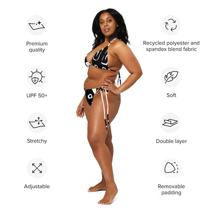 Woman wearing Recycelter Schnürbikini N°0 with UPF 50+, adjustable straps, and soft recycled polyester, highlighted features around her.