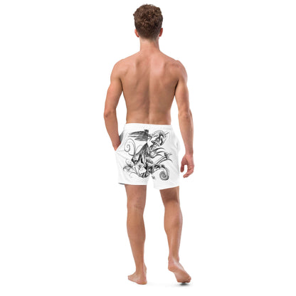 Back view of man wearing Herren-Badehosen N°12 with artistic design, showcasing quick-dry and breathable features.