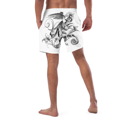 Rückansicht eines Mannes in Herren-Badehosen N°12 mit Kunstdesign, schnell trocknend und atmungsaktiv für den Sommer, zeigt Taschen.