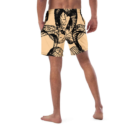 Herren-Badehosen N°14 in beige with artistic print, featuring breathable, quick-dry fabric and extra pockets, viewed from the back.