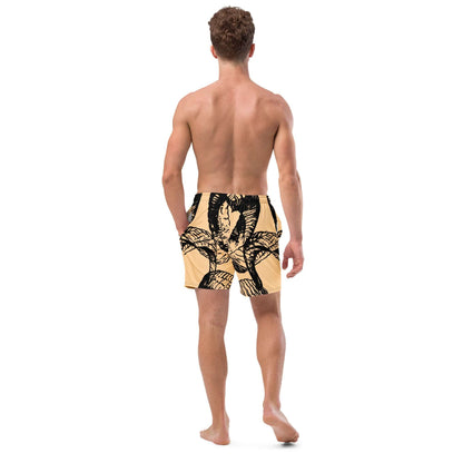Back view of a man wearing Herren-Badehosen N°14 featuring a stylish print, quick-drying fabric, and multiple pockets.