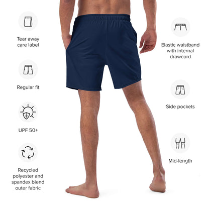 Back view of a man wearing Herren-Badehosen N°16 showing features like side pockets, elastic waistband, and UPF 50+ protection.