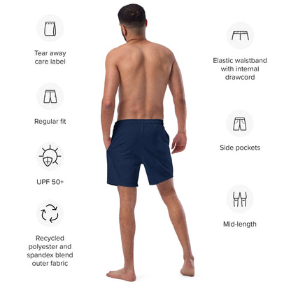 Man wearing Herren-Badehosen N°16 swim trunks, displaying features like quick-dry, breathable fabric, elastic waistband, and side pockets.