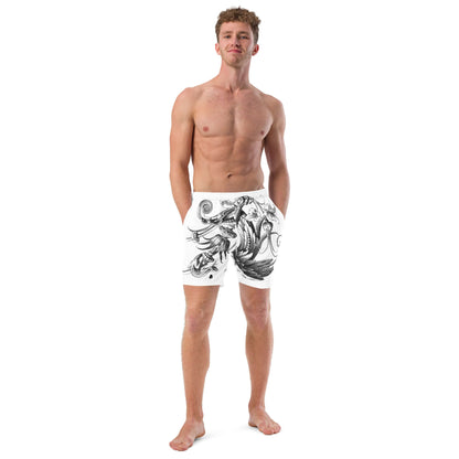 Herren-Badehosen N°12 in white with artistic design, featuring quick-dry and breathable fabric, perfect for summer.