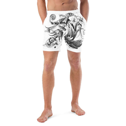 Herren-Badehosen N°12 mit schwarz-weißem Kunstmuster, schnell trocknend, atmungsaktiv mit Taschen und seidigem Innenfutter.