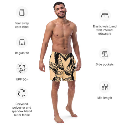 Herren-Badehosen N°14 with tropical design, quick-drying and breathable, featuring side pockets and elastic waistband for summer comfort.