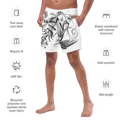 Model wearing Herren-Badehosen N°12 featuring elastic waistband, side pockets, and recycled material for summer comfort.