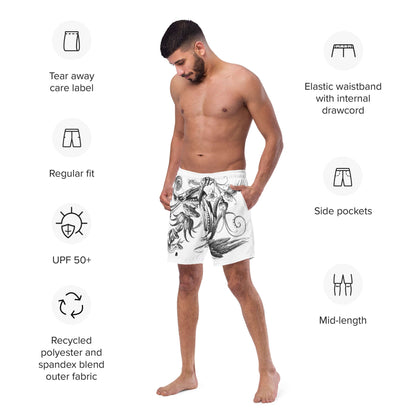 Man wearing Herren-Badehosen N°12 with side pockets and elastic waistband, emphasizing comfort for summer with quick-dry and breathable features.