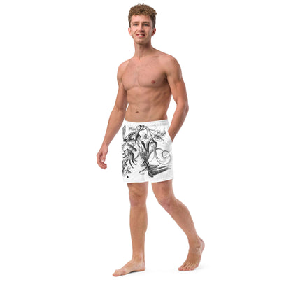 Model wearing Herren-Badehosen N°12, featuring quick-dry and breathable fabric with pockets and silky inner lining, ideal for summer.