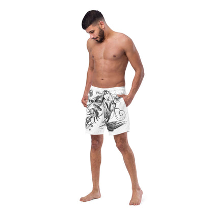 Model wearing Herren-Badehosen N°12, featuring quick-dry, breathable fabric and pockets, perfect for summer days.