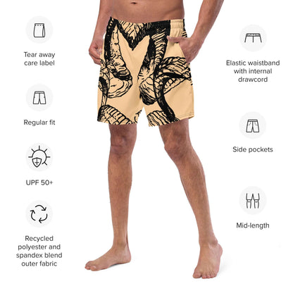 Herren-Badehosen N°14 featuring tropical design, mid-length, side pockets, elastic waistband, tear-away label, and UPF 50+ protection.