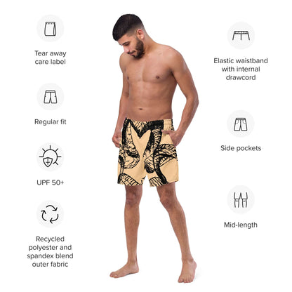 Man wearing Herren-Badehosen N°14 with side pockets and elastic waistband, made of recycled polyester blend, ideal for summer.