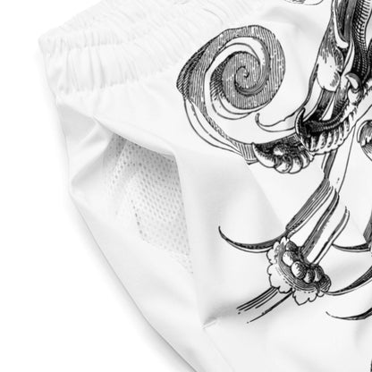 Close-up of Herren-Badehosen N°12 showing white fabric with black design, breathable mesh lining, and elastic waistband.