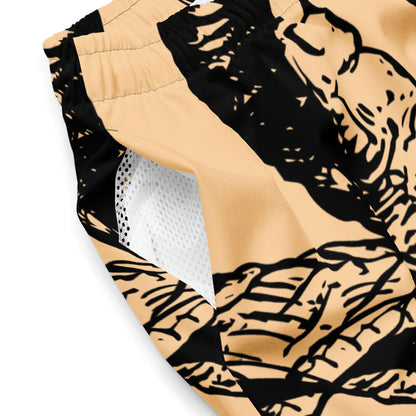 Close-up of Herren-Badehosen N°14 showcasing breathable mesh lining and bold print design, ideal swimwear for summer.