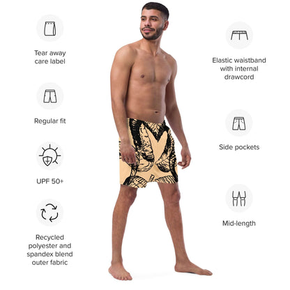 Man wearing Herren-Badehosen N°14 showcasing features like tear away care label, elastic waistband, side pockets, UPF 50+, and recycled fabric.